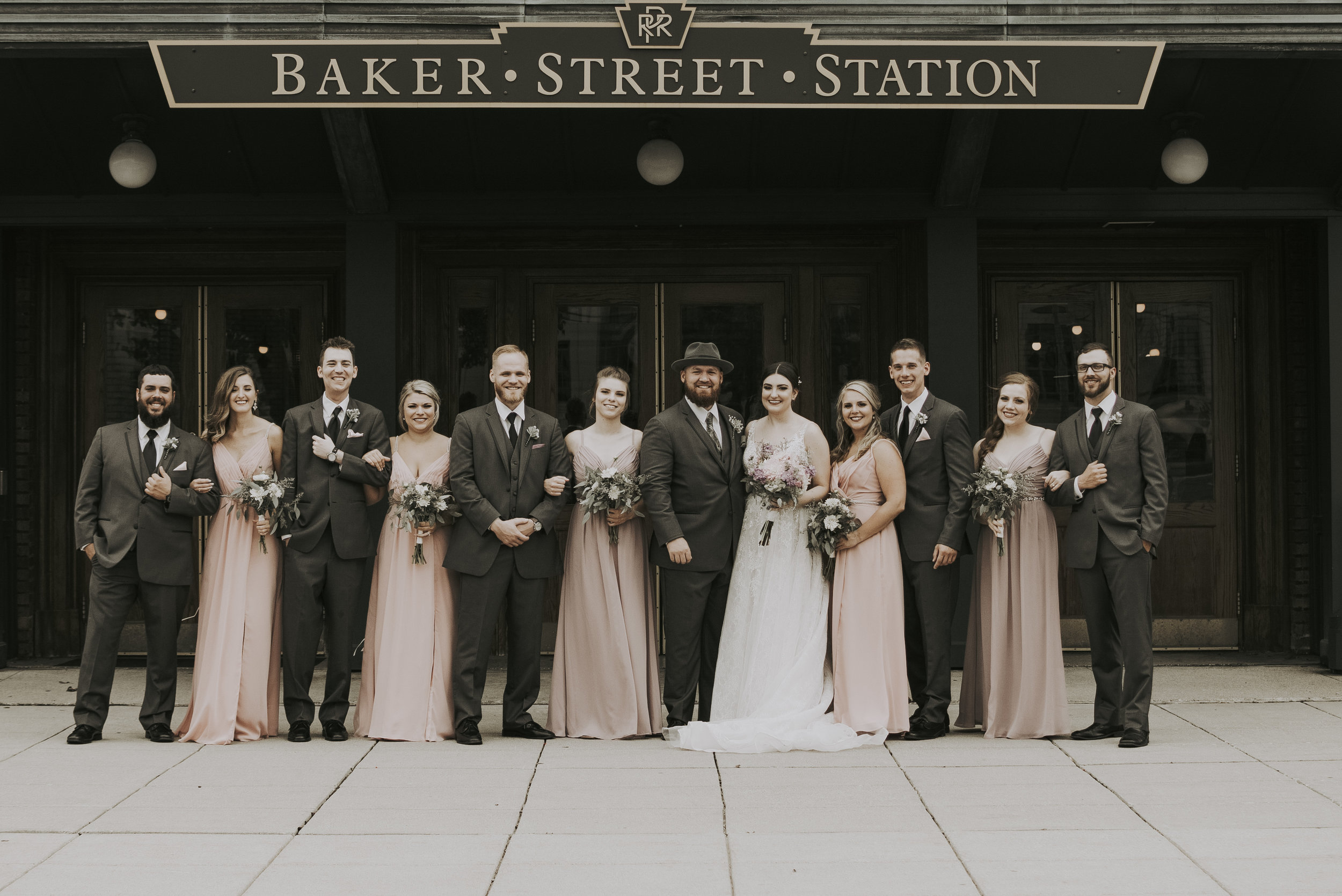 wedding party portrait at Baker Street Station in Fort Wayne Indiana