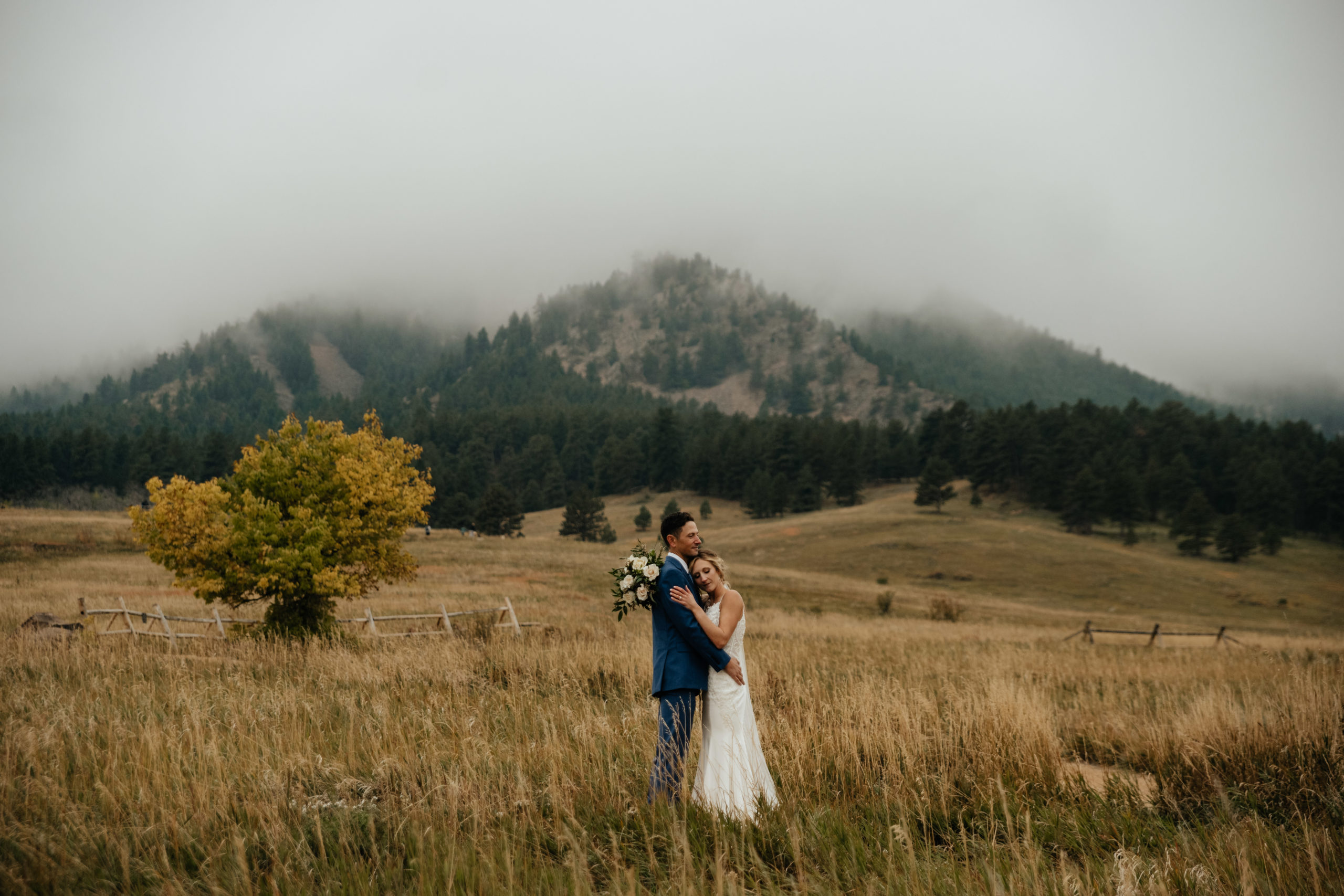 Bride and Groom portraits in front of the Flat Irons in Boulder, Colorado