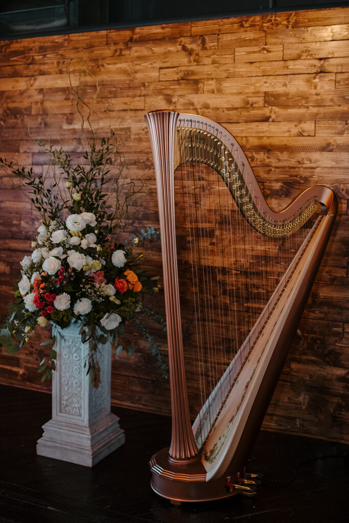 Harp and florals at Indiana wedding