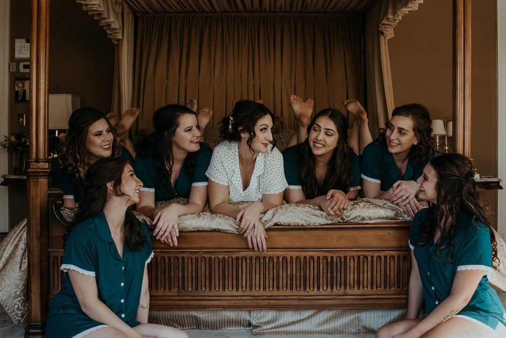 Bried and bridesmaids before wedding at Laurel Hall in Indiana Marion County