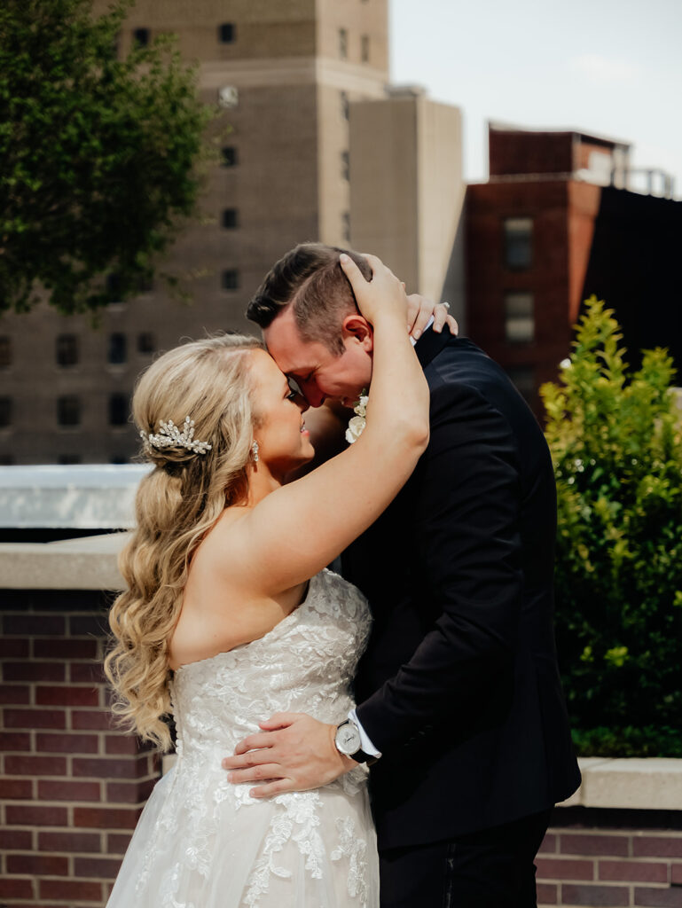 Bride and grooms first look at JPS Events at Regions Towers Wedding Venue in Indianapolis