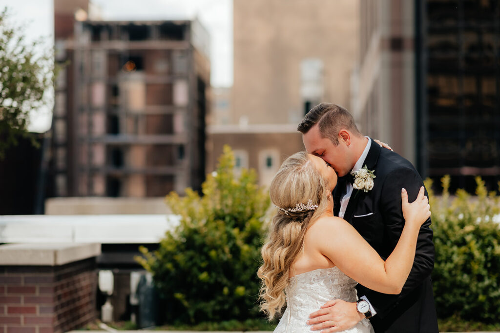 Bride and grooms first look at JPS Events at Regions Towers Wedding Venue in Indianapolis