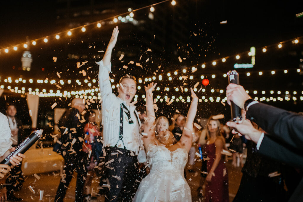 Bride and grooms confetti exit
