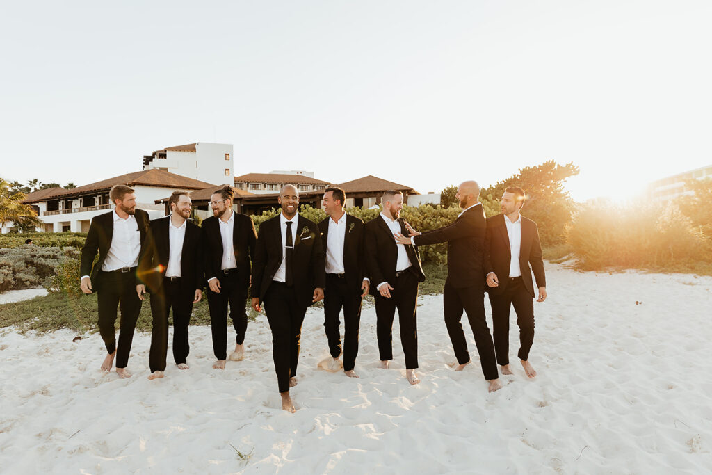 Groom and groomsman cancun elopement destination beach wedding photos 
