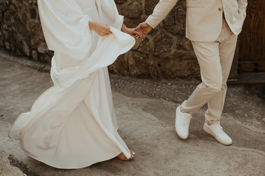 Bride and groom walking