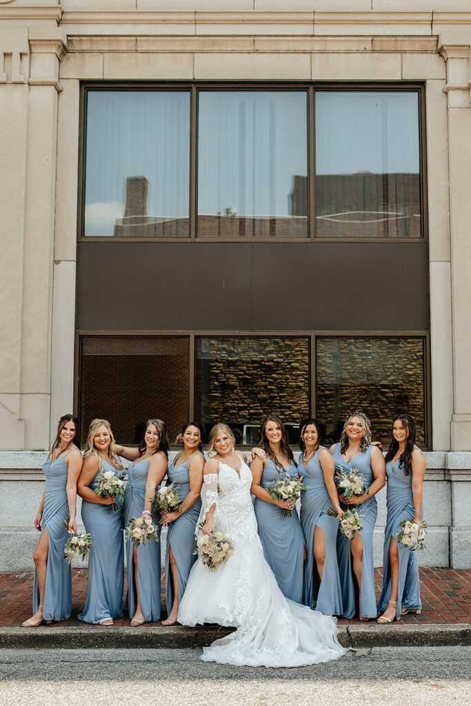 bridal party photos for a summer wedding blue dresses