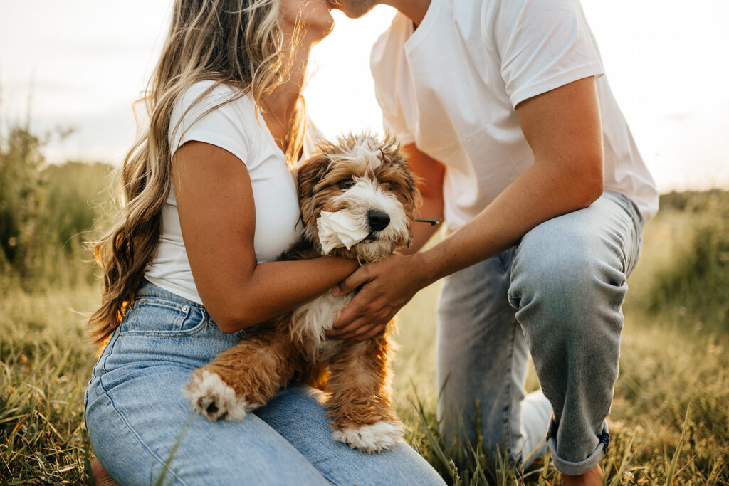 cute engagement photos with dog in Metea Park
