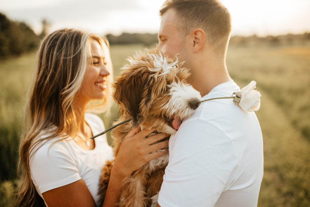 cute engagement photos with dog in field