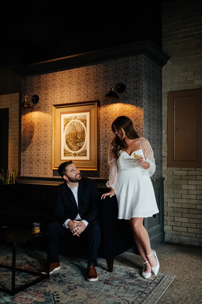 Romantic hotel engagement photos at Bottleworks Hotel in Indianapolis, Indiana.