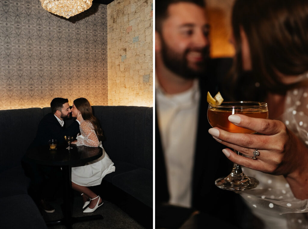 Woman holds a cocktail during her hotel engagement photos at Bottleworks Hotel