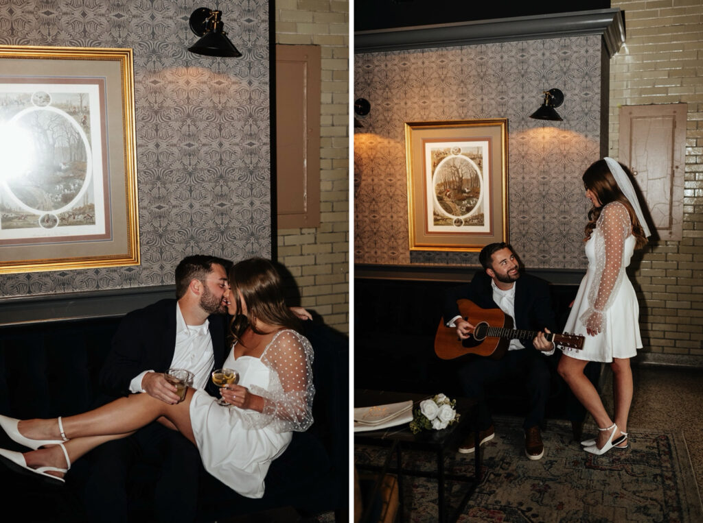 Man plays guitar for his fiancee during their engagement photos at Bottleworks Hotel