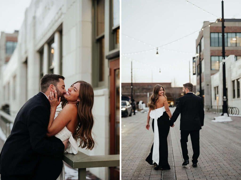 Couple laughs during their hotel engagement photos in downtown Indianapolis