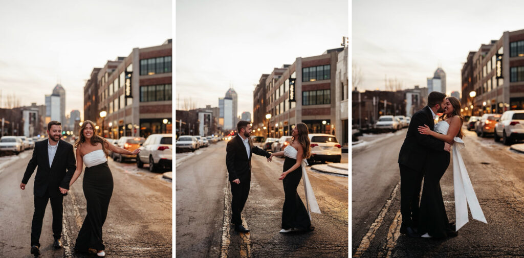 Couple walks down the street during their engagement session in downtown Indianapolis