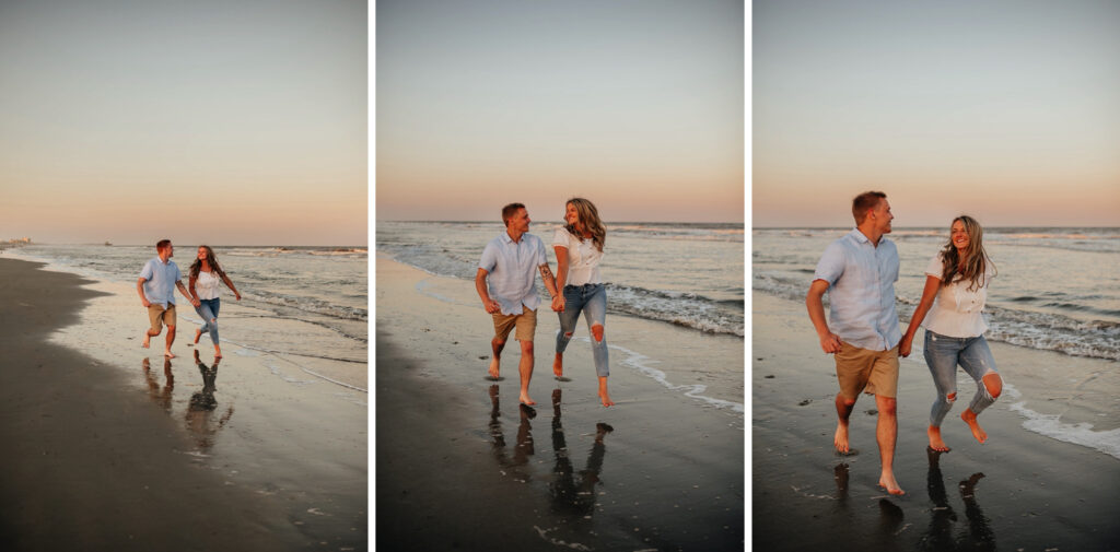 Couple holding hands and running across the beach during their Charleston engagement photos