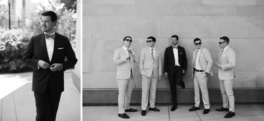 Groom buttoning up his suit coat during his Fort Wayne wedding photos with groomsmen
