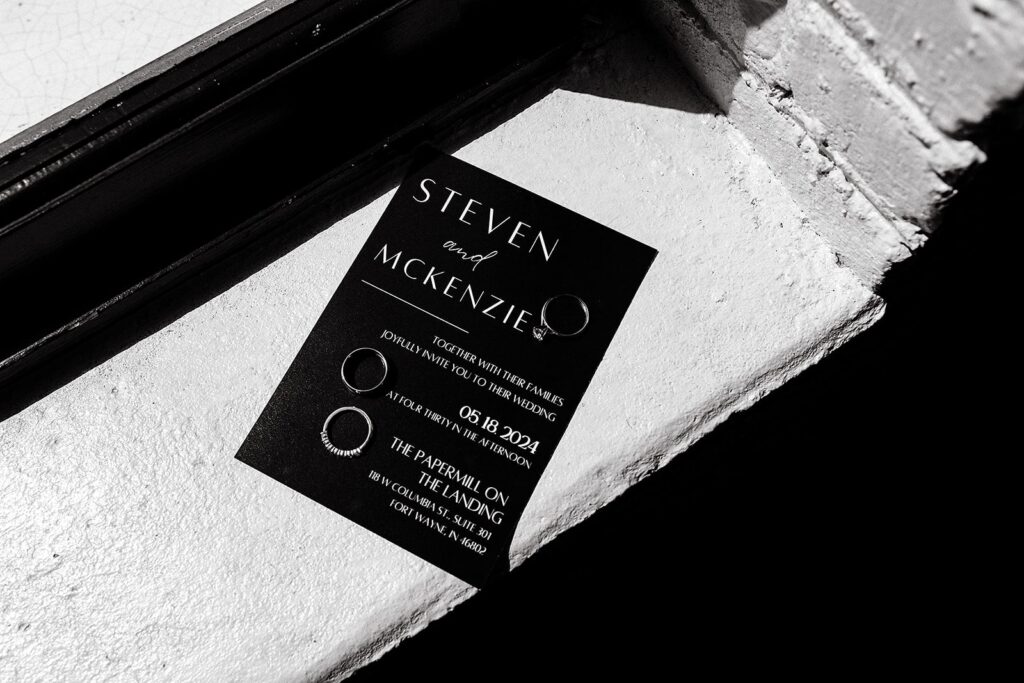 Black and white wedding invitation for Fort Wayne wedding in Indiana