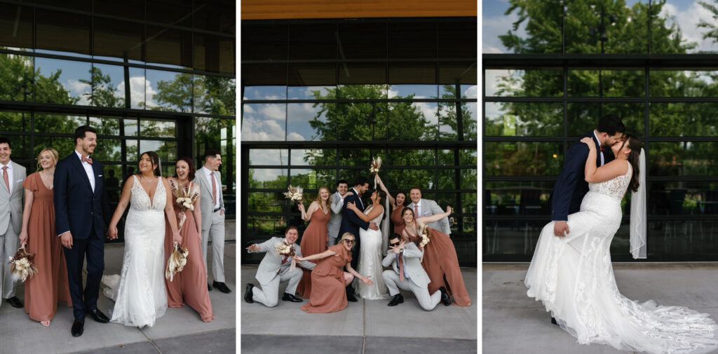 Bride and groom take wedding photos with their wedding party in downtown Fort Wayne, Indiana