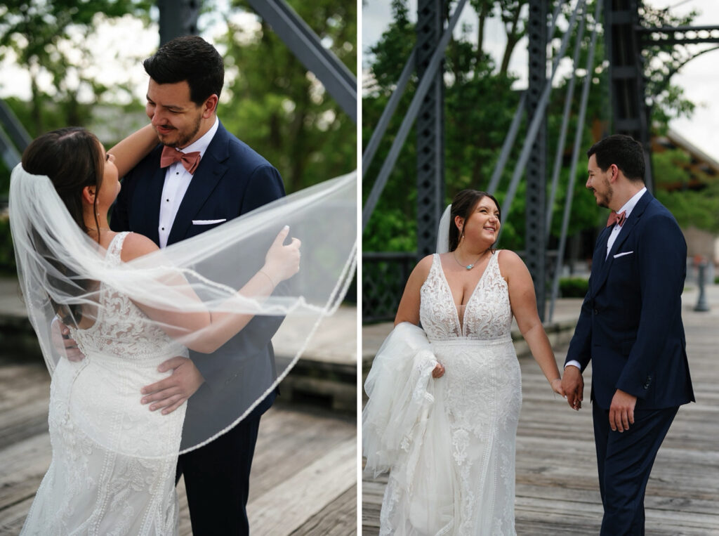 Bride and groom hold hands on a bridge during their Fort Wayne wedding photos downtown
