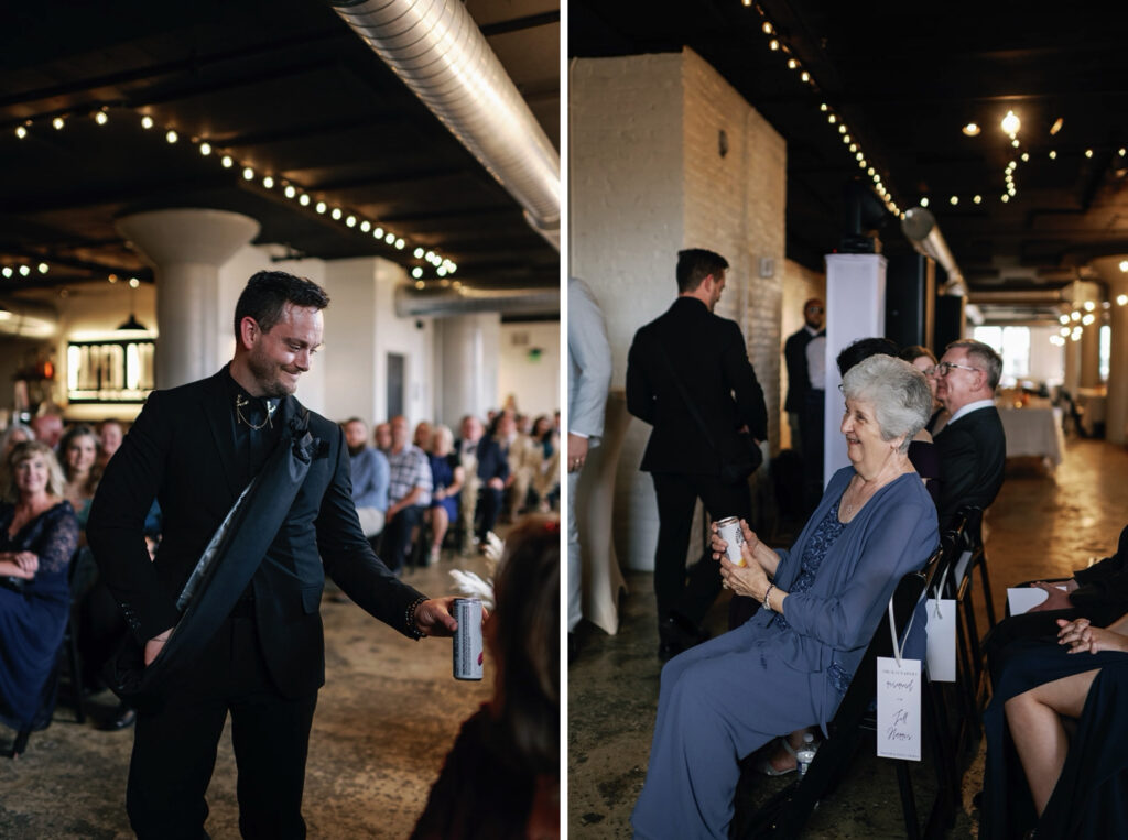 Groomsman hands out White Claw drinks during wedding ceremony entrance
