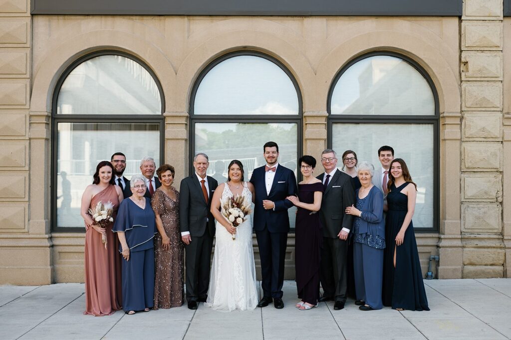 Wedding family photo with bride and groom in Fort Wayne, Indiana