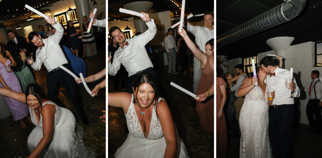 Bride and groom get down on the dance floor during their Fort Wayne wedding at the Paper Mill