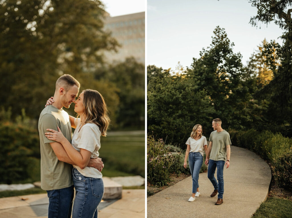 Man and woman hold hands while walking down a trail at Indiana University during their engagement session