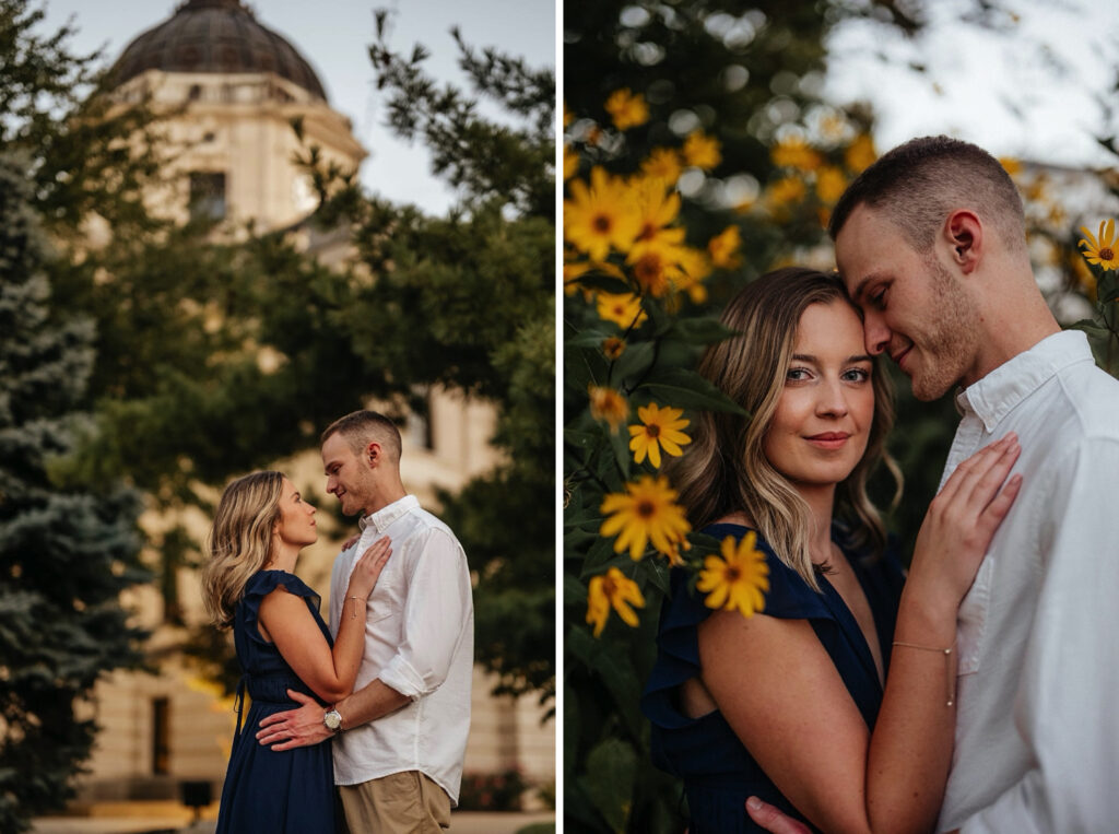 Man and woman hug during their Indiana University engagement photos