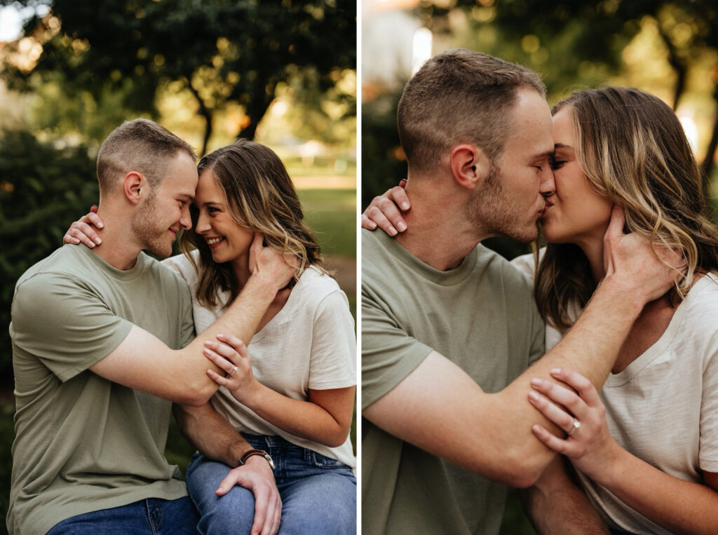 Man and woman sit side by side and kiss during their engagement session at Indiana University