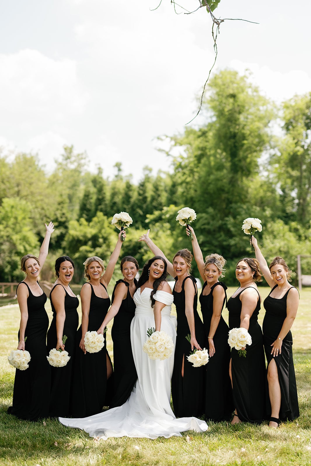 Black and white wedding party portraits in Indiana