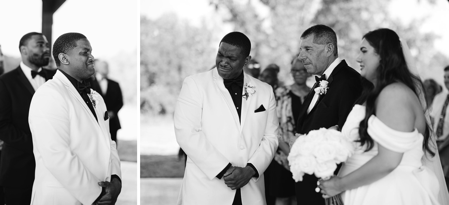 Groom tears up while bride walks down the wedding aisle at their Midwest wedding ceremony