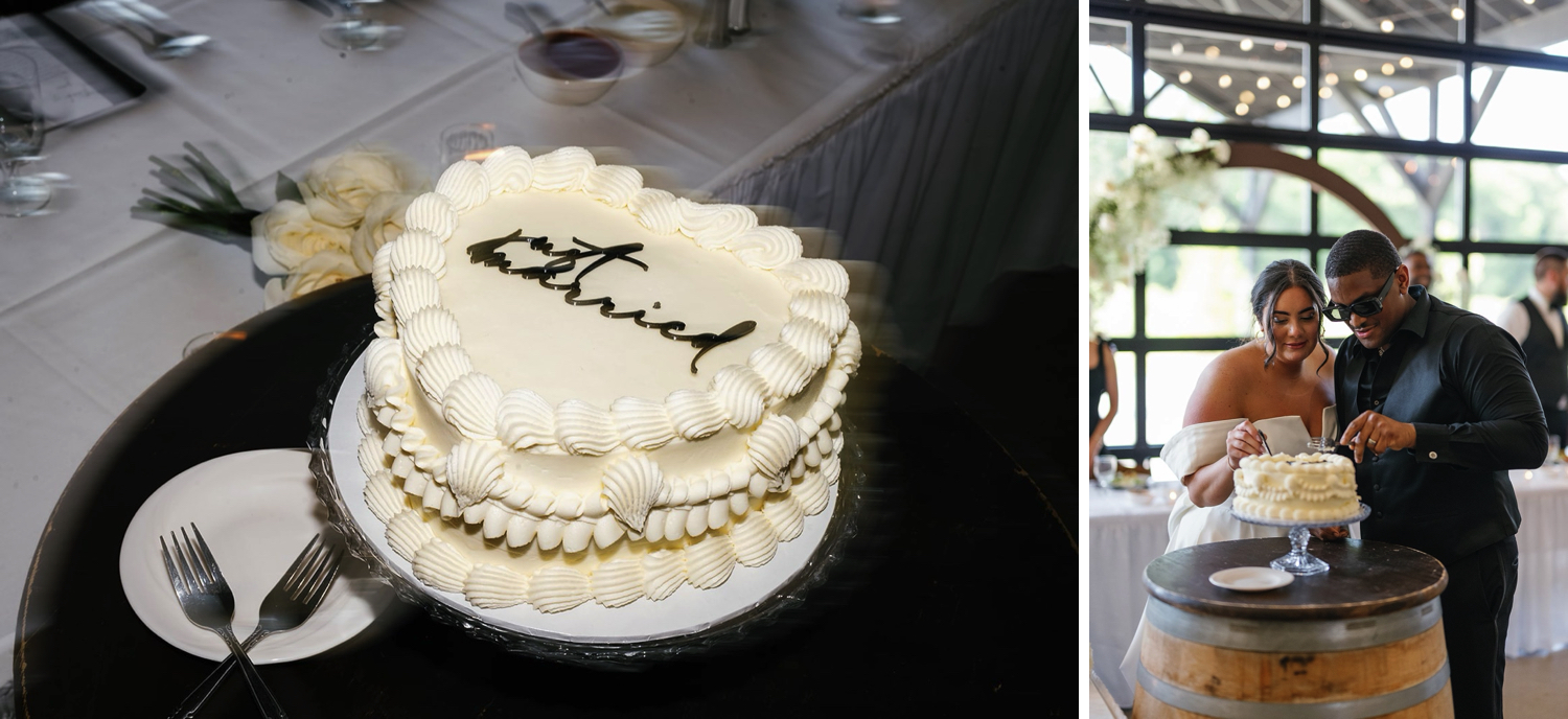 White heart wedding cake with black icing that reads "just married"