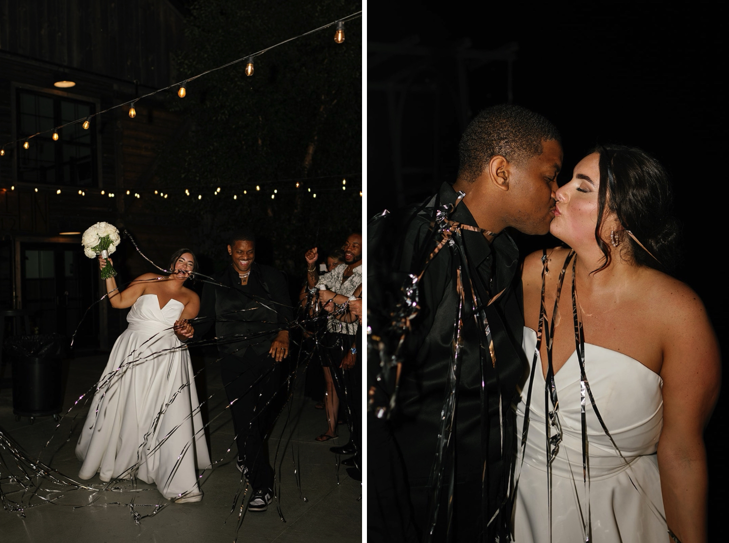 Bride and groom exit while guests throw silver streamers into the air