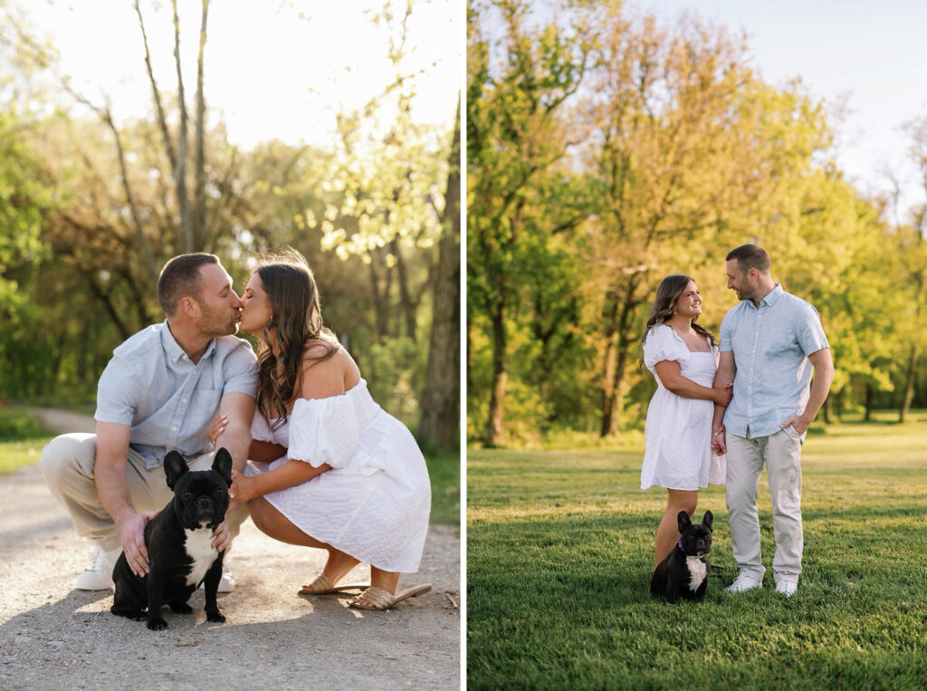 Man and woman pose with their Frenchie pup during their engagement session in Indianapolis