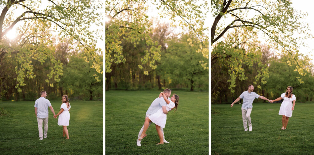 Couple holds hands and runs around a grassy field during their Newfields engagement session