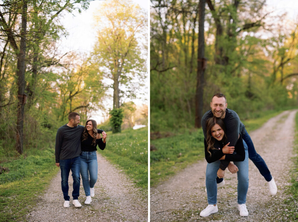 Woman picks up man during their engagement photo session at Newfields