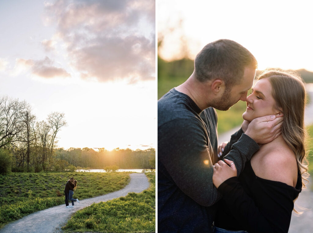 Couple kisses on a gravel trail during their Newfields engagement photo session 