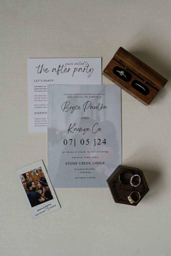 white wedding invitations with wood ring boxes