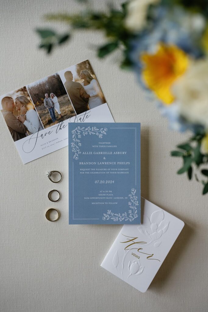 Blue and white wedding stationery with custom save the date photo cards