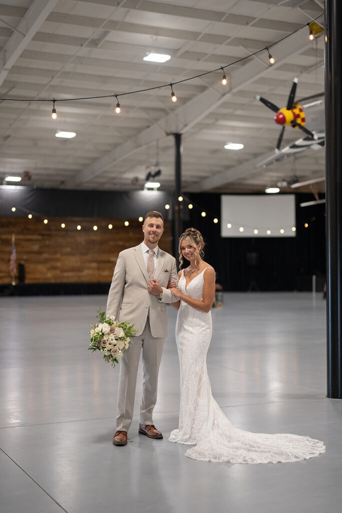 Bride and grooms Kruse Plaza wedding portraits in the Hangar