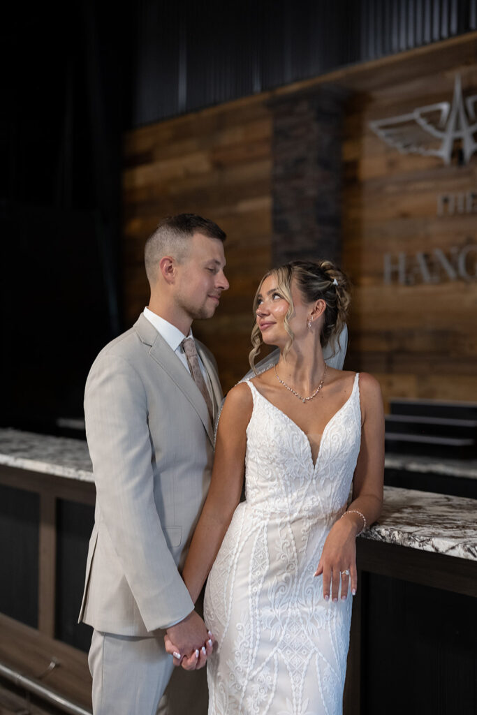 Bride and grooms Kruse Plaza wedding portraits in the Hangar