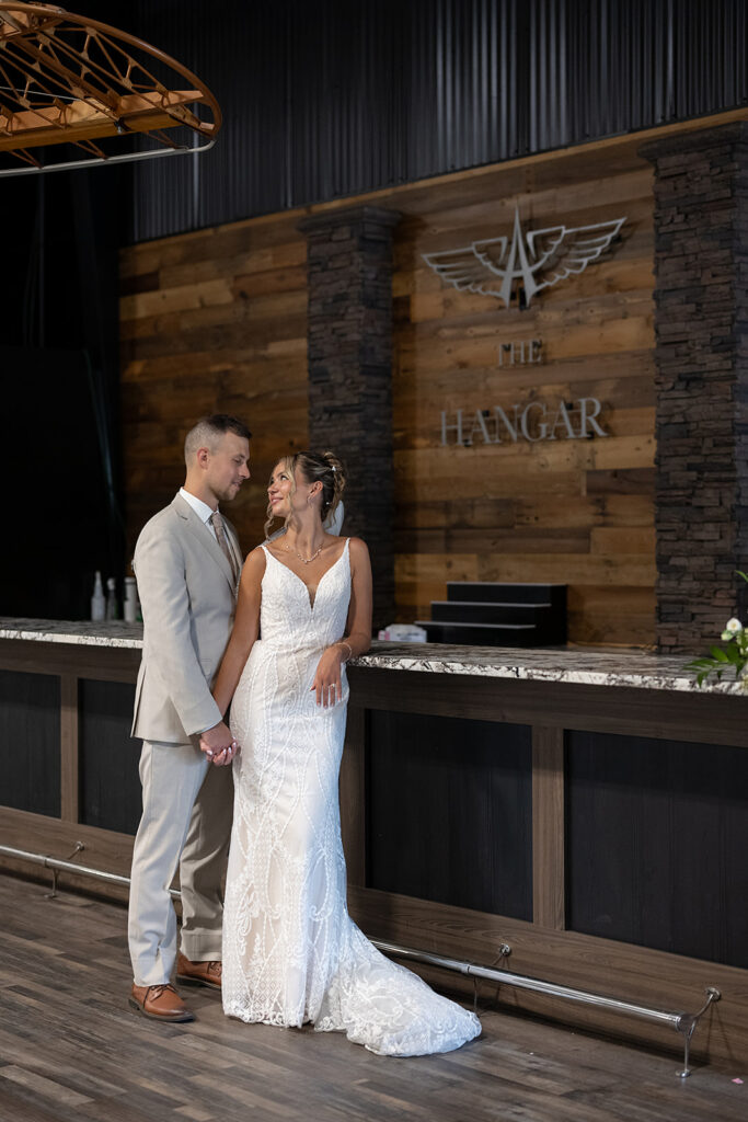 Bride and grooms Kruse Plaza wedding portraits in the Hangar