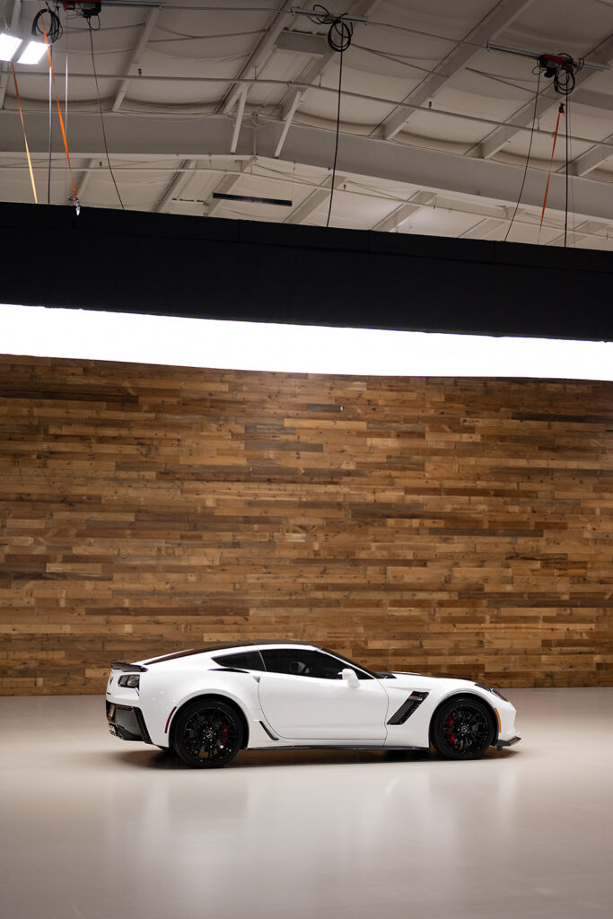 White Corvette in the shadow box at Kruse Plaza