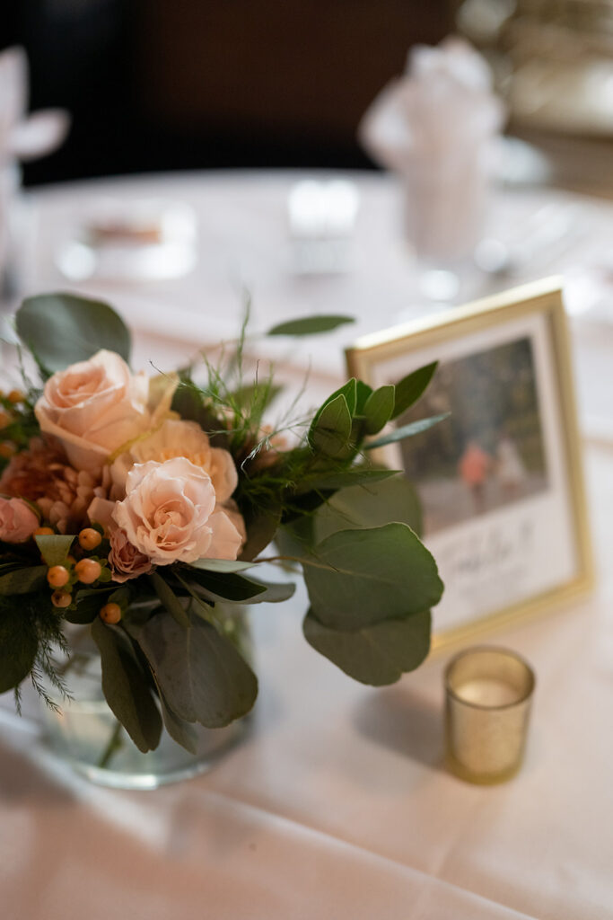 Wedding reception florals and table numbers