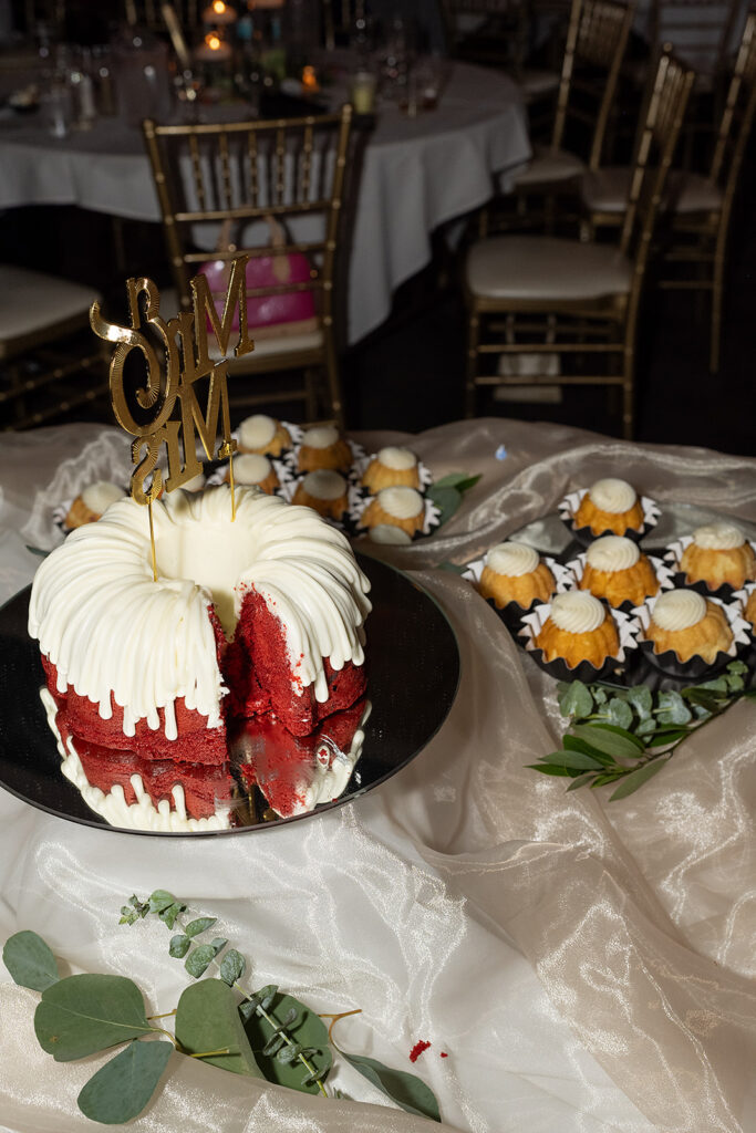 Wedding desert table after the cake has been cut into