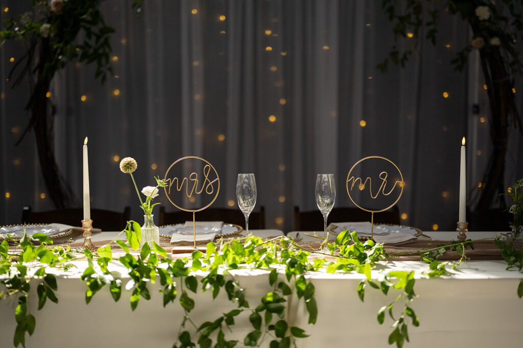 Bride and grooms spots at their reception table