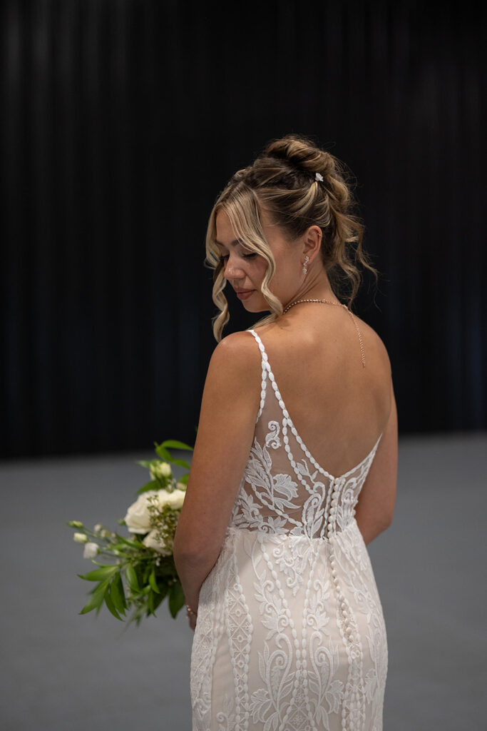 Indoor bridal portraits in the Hangar at Kruse Plaza wedding venue