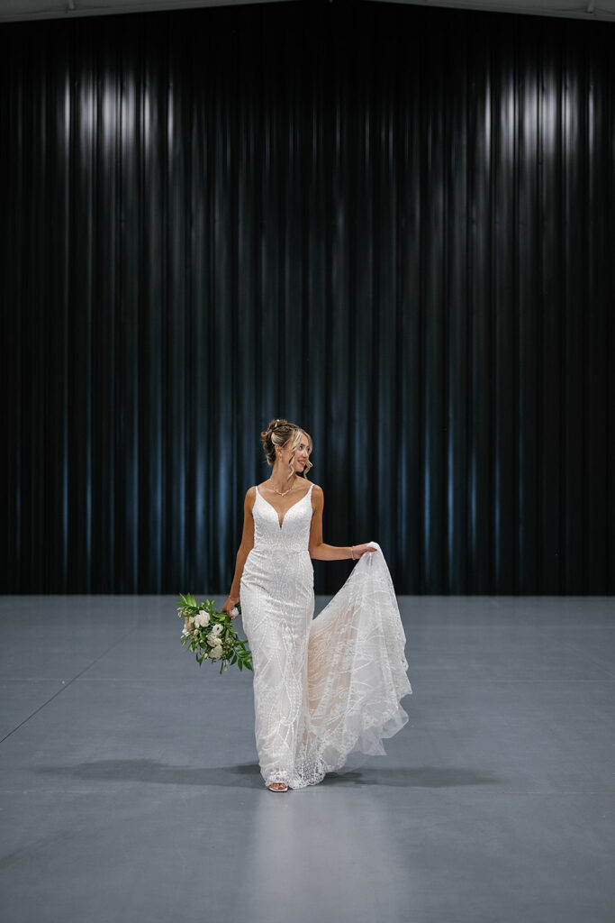 Indoor bridal portraits in the Hangar at Kruse Plaza wedding venue