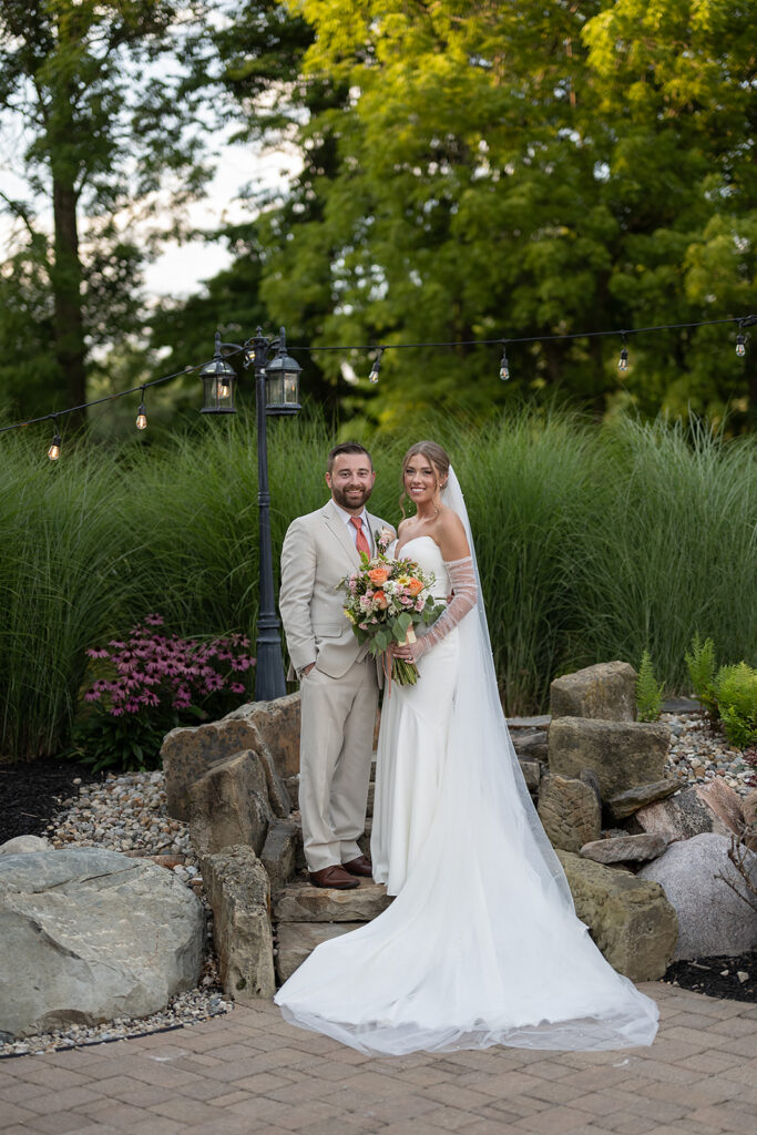 Outdoor bride and groom portraits at Stone Creek Lodge wedding venue in Crawfordsville, Indiana