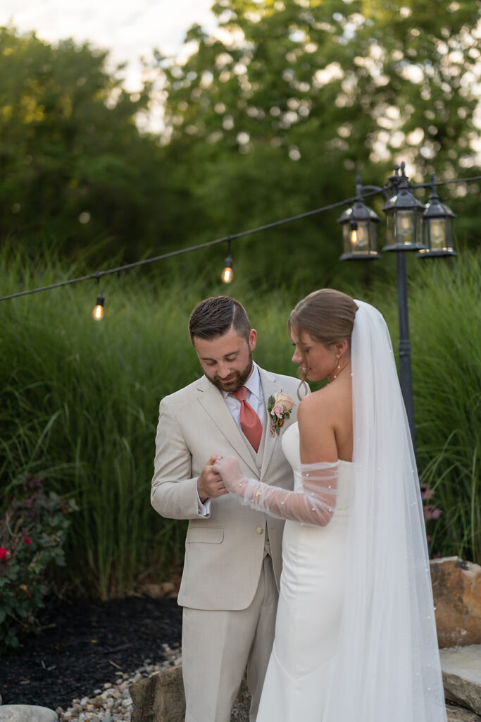 Outdoor bride and groom portraits at Stone Creek Lodge wedding venue in Crawfordsville, Indiana