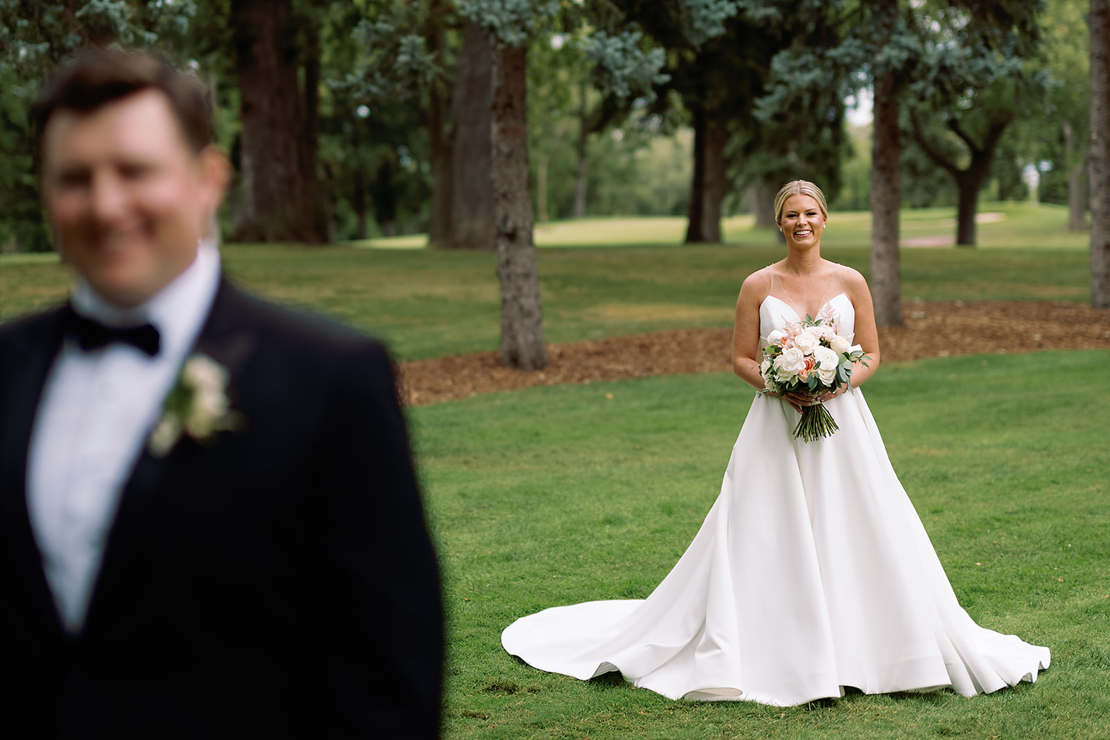 Bride and groom just before sharing a first look during their River Forest Country Club wedding in Chicago